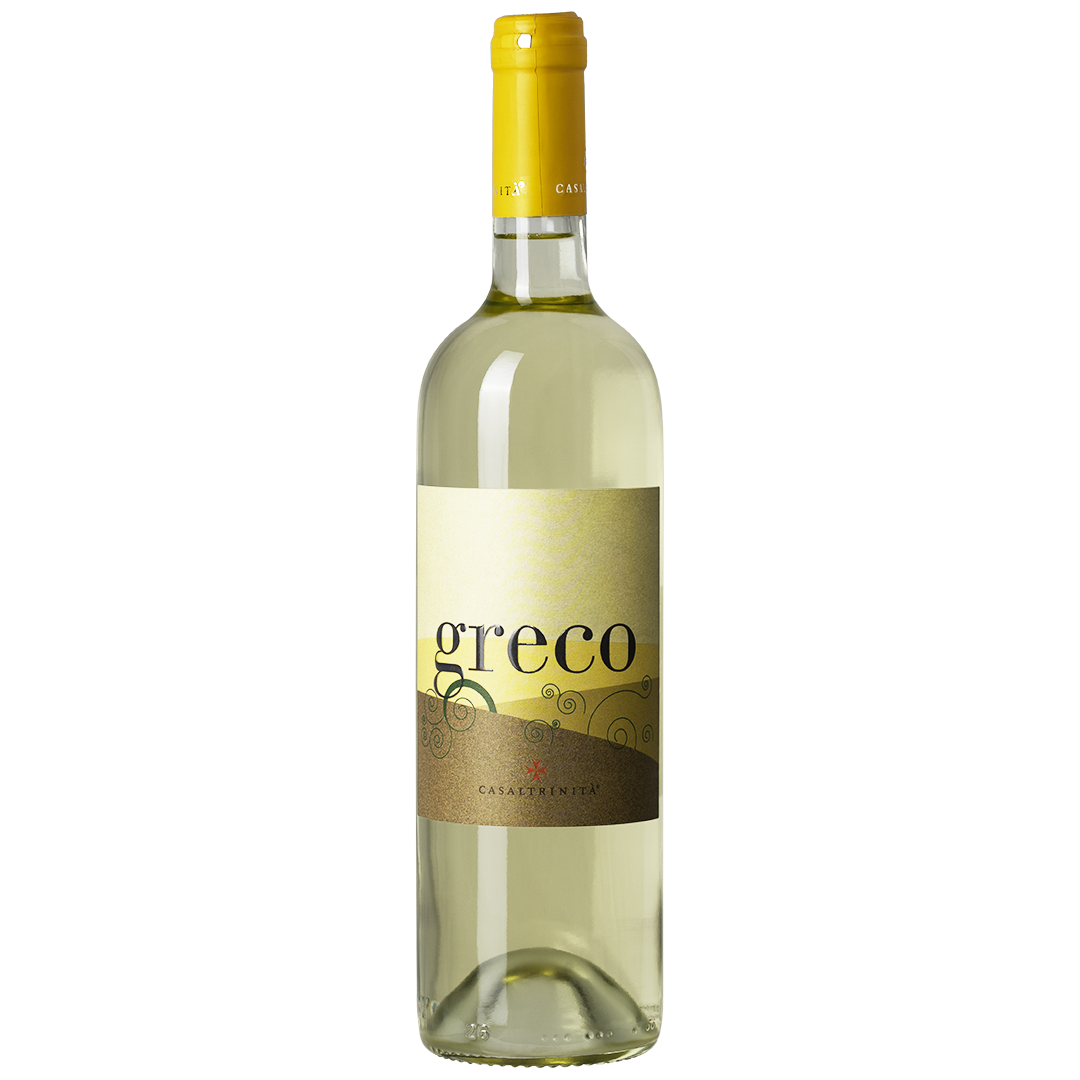 Greco – frisse witte wijn uit Puglia – flesfoto met witte achtergrond