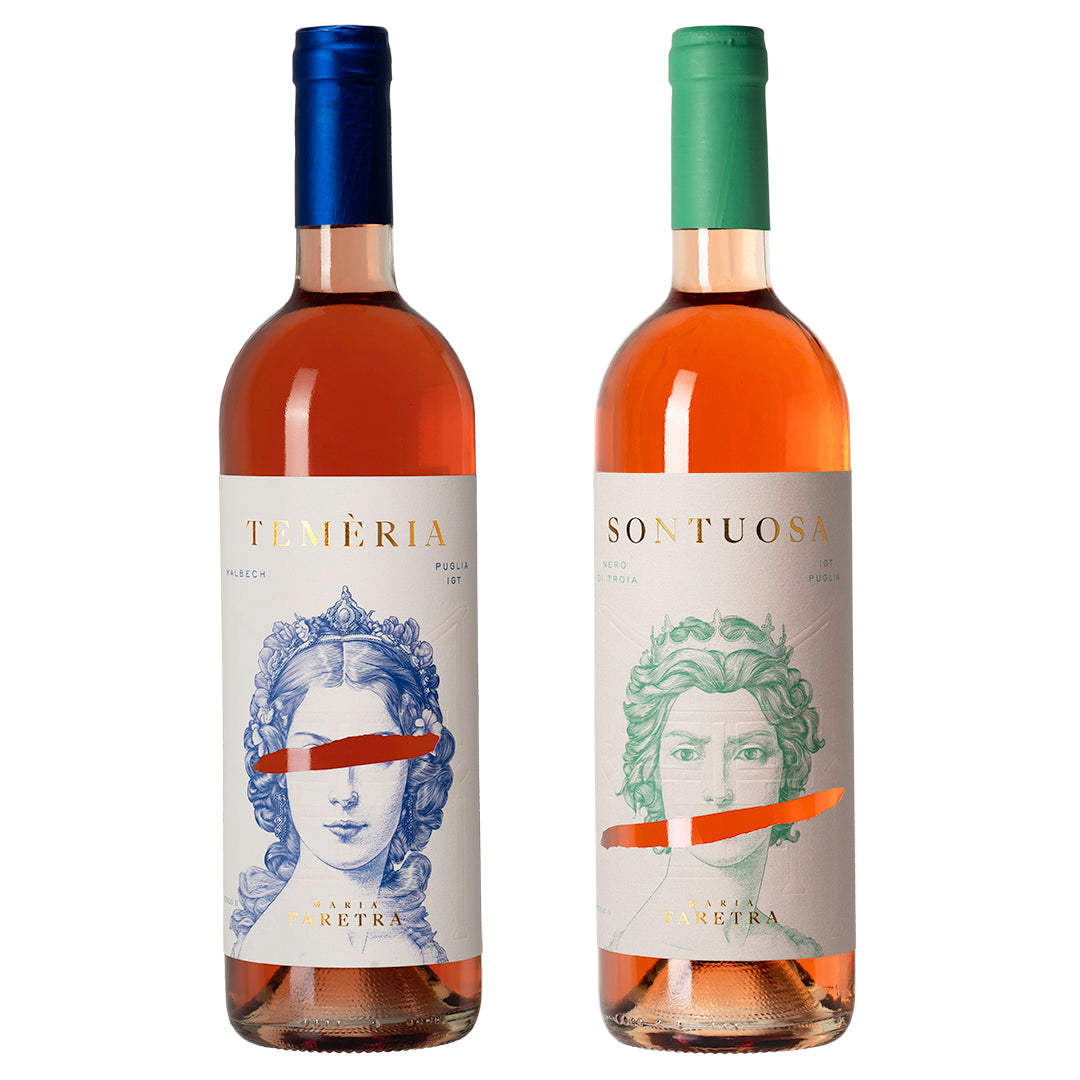 Twee roséwijnen uit Puglia – Temèria (Malbec) en Sontuosa (Nero di Troia) – witte achtergrond