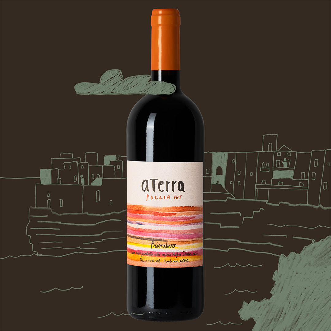 aTerra Primitivo – frisse biologische rode wijn – sfeerbeeld met fles
